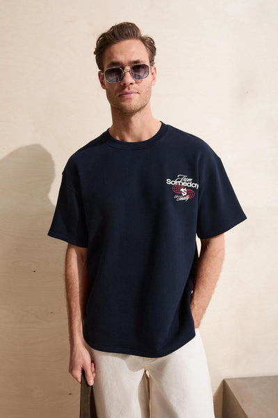 Men's Crew Neck Organic Cotton Printed Oversize Navy T-Shirt
