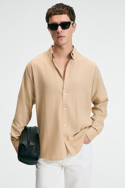 100% Cotton Slim Fit Narrow Cut Button-Down Collar Linen-Look Slub Beige Shirt