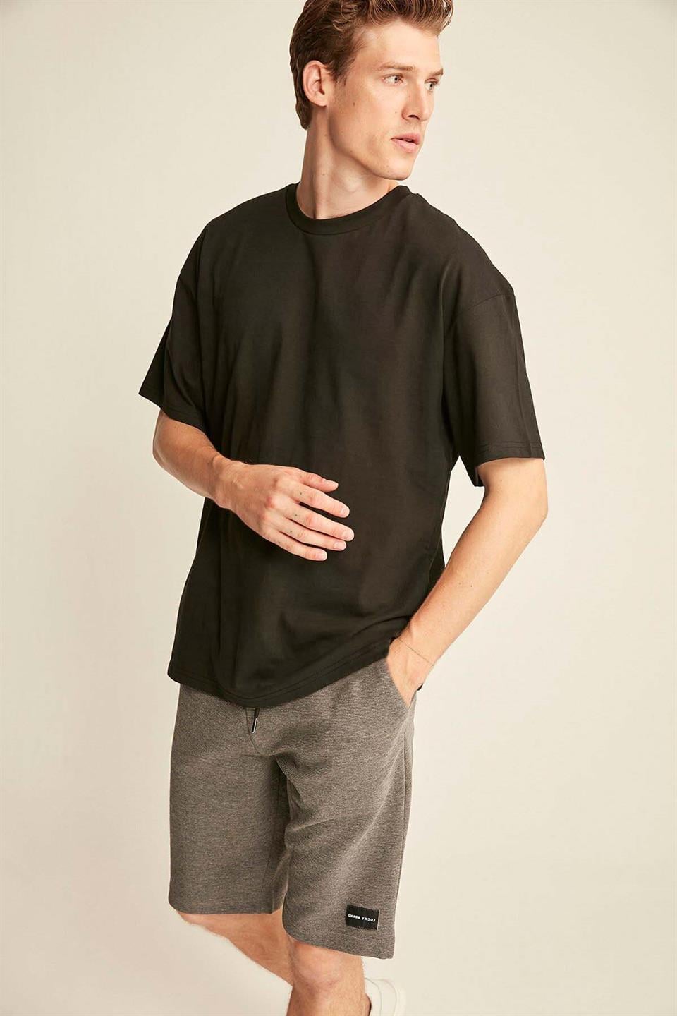 Erkek Oversize %100 Organik Pamuklu Kalın Dokulu Bisiklet Yaka Siyah T-Shirt