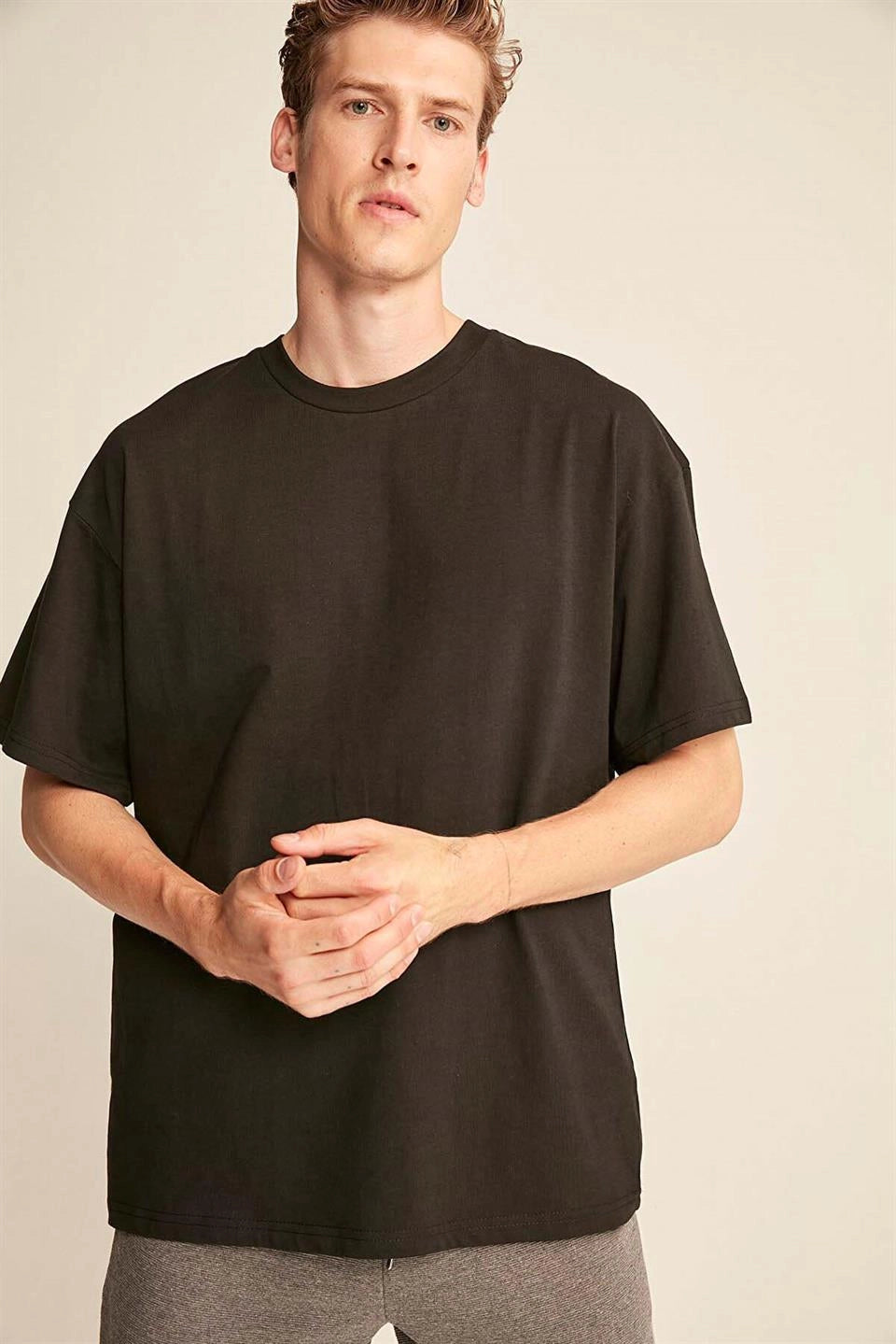 Erkek Oversize %100 Organik Pamuklu Kalın Dokulu Bisiklet Yaka Siyah T-Shirt