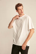 Erkek Oversize %100 Organik Pamuklu Kalın Dokulu Bisiklet Yaka Ekru Beyaz T-Shirt (Kopya)