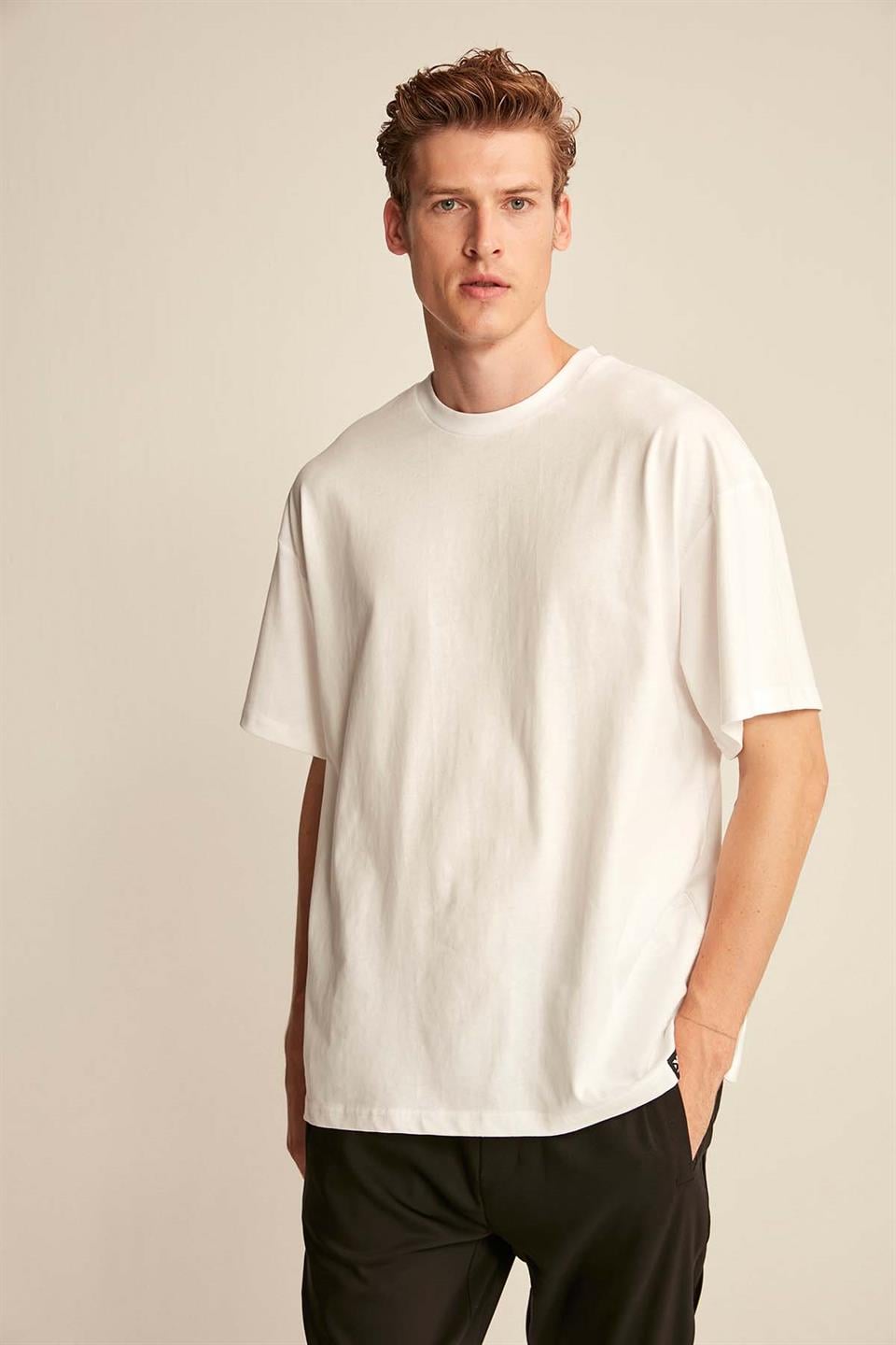 Erkek Oversize %100 Organik Pamuklu Kalın Dokulu Bisiklet Yaka Ekru Beyaz T-Shirt (Kopya)