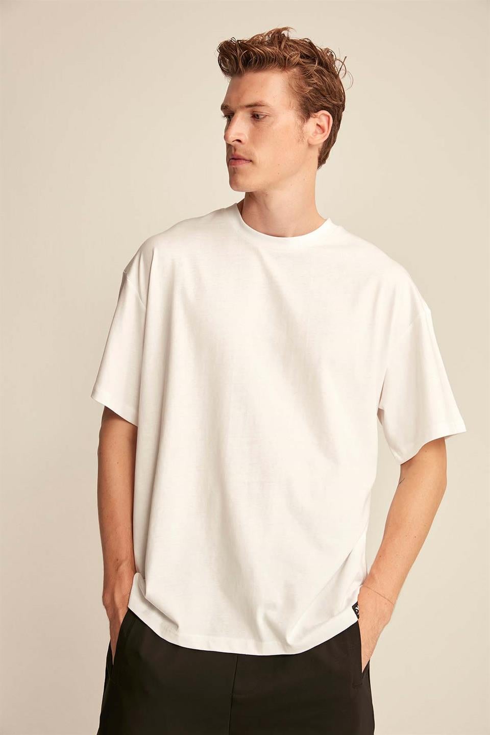 Erkek Oversize %100 Organik Pamuklu Kalın Dokulu Bisiklet Yaka Ekru Beyaz T-Shirt (Kopya)
