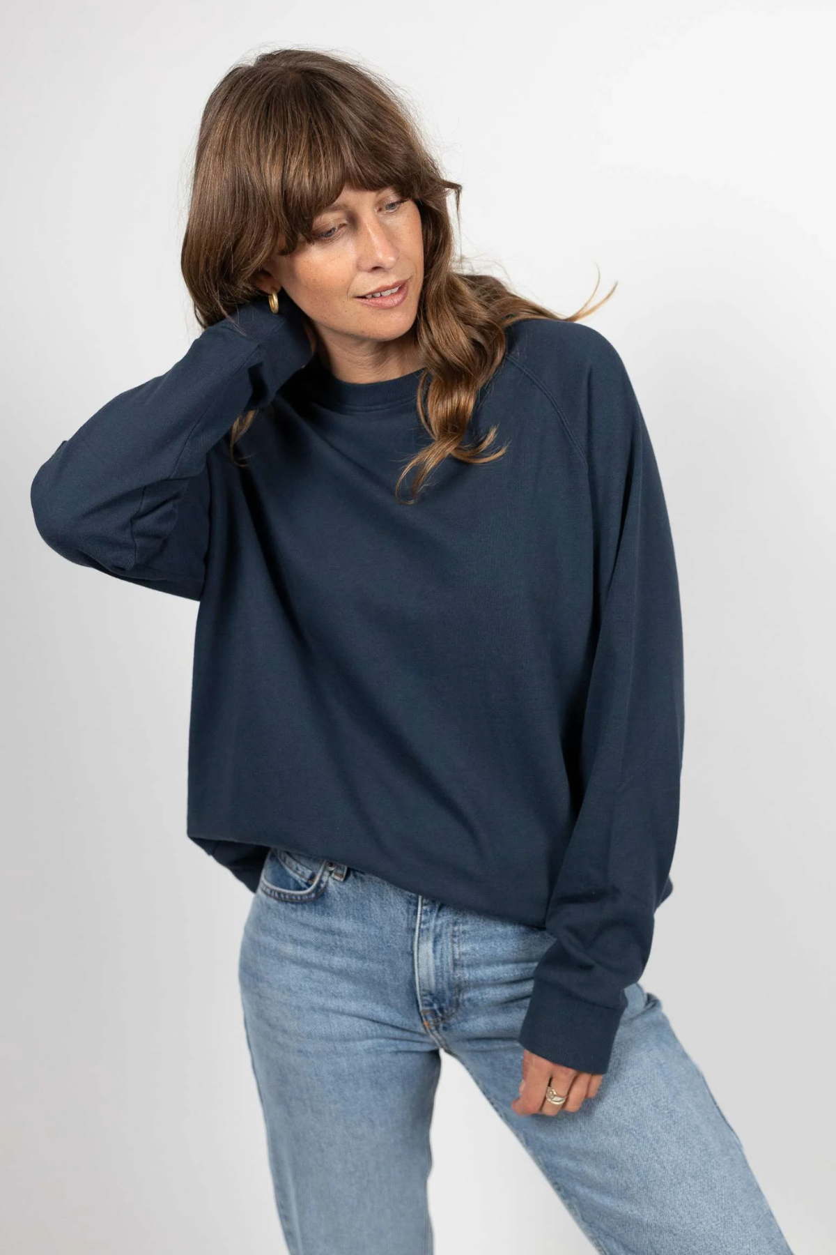 Kadın Lacivert Basic 0 Sıfır Yaka Baskısız Düz Oversize Salaş Bol Kesim Polar Sweatshirt