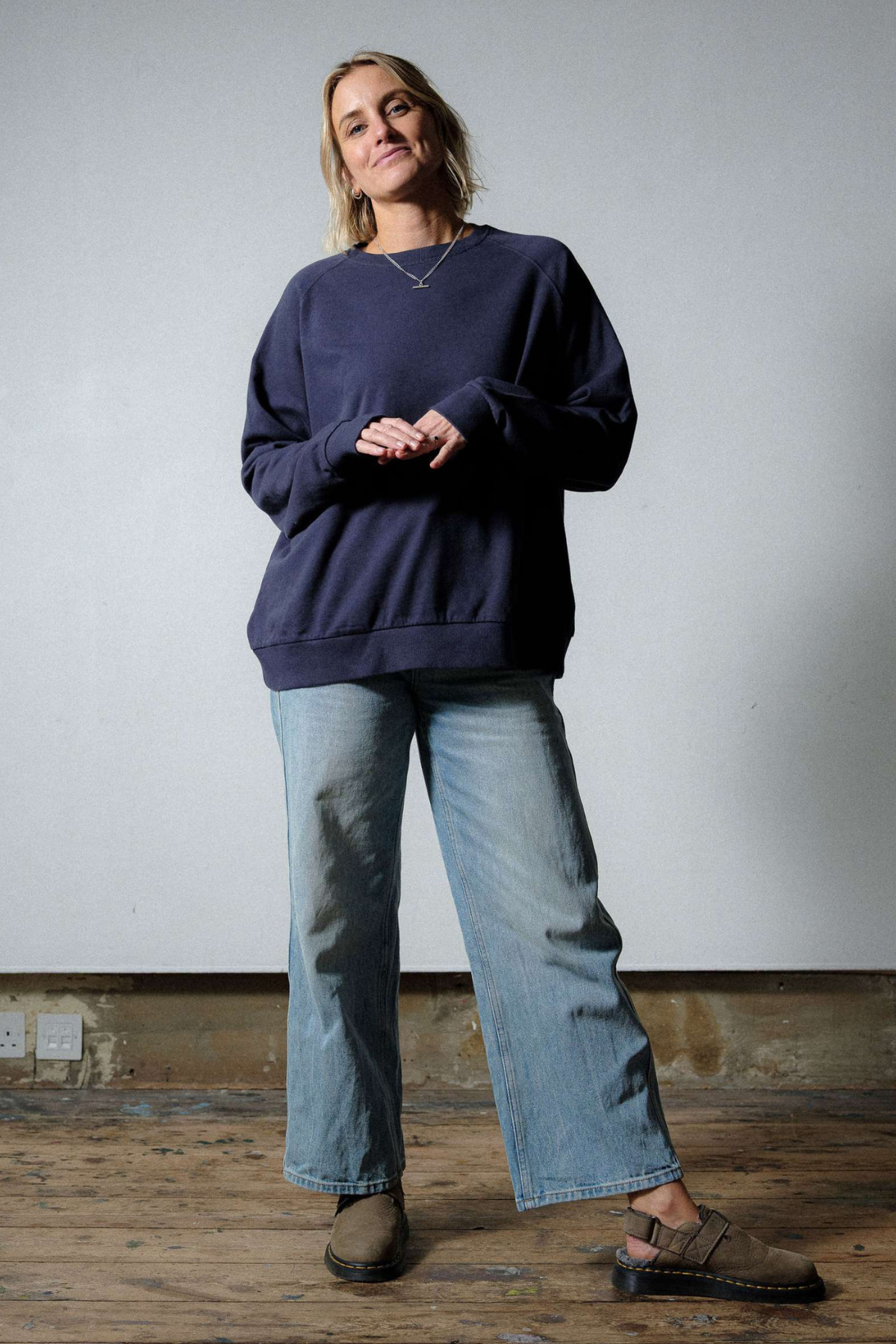 Kadın Lacivert Basic 0 Sıfır Yaka Baskısız Düz Oversize Salaş Bol Kesim Polar Sweatshirt