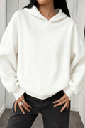 Kadın Beyaz Düz Kapüşonlu Oversize 3 Iplik Şardonlu Salaş Bol Kesim Hoodie Sweatshirt