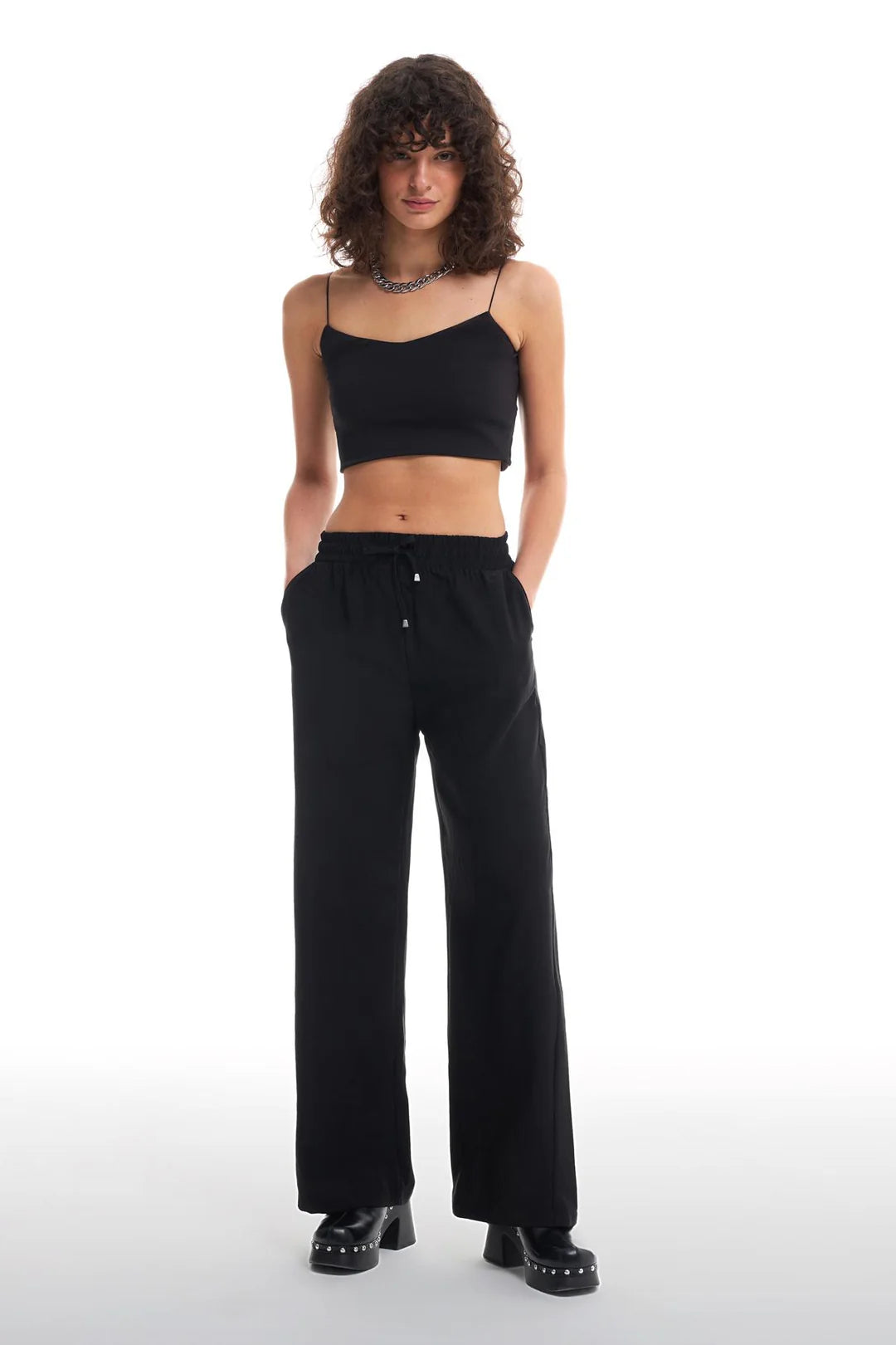 Kadın Beli Lastikli Bol Paça Pantolon Siyah