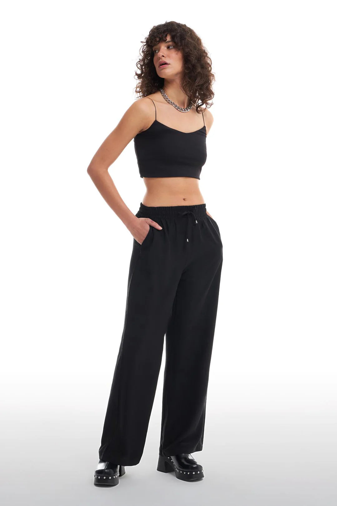 Kadın Beli Lastikli Bol Paça Pantolon Siyah