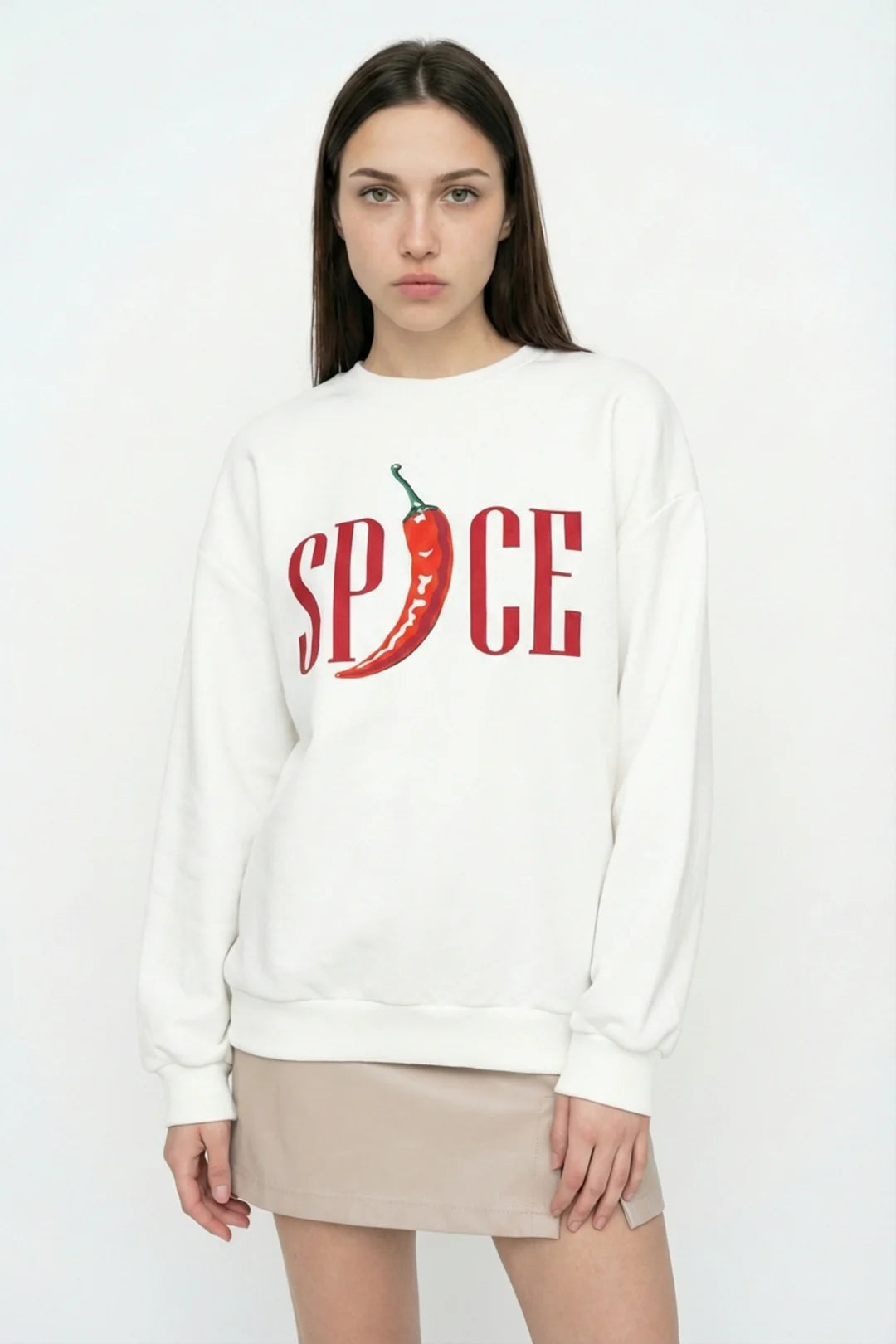 Kadın Biber Baskılı Oversize Sweatshirt Ekru