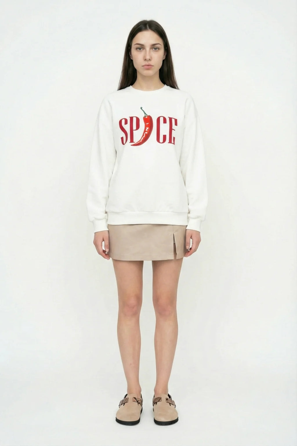 Kadın Biber Baskılı Oversize Sweatshirt Ekru