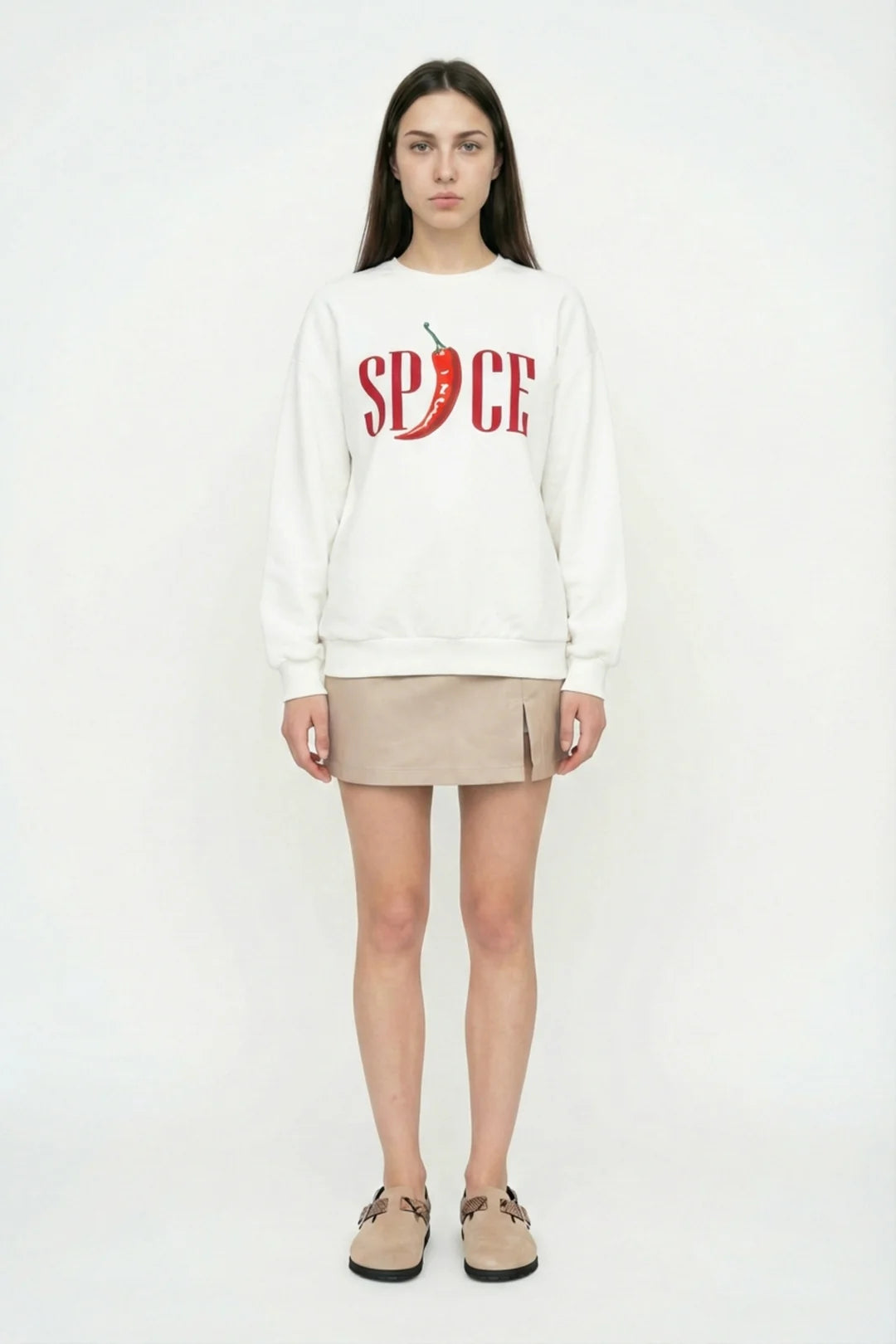 Kadın Biber Baskılı Oversize Sweatshirt Ekru