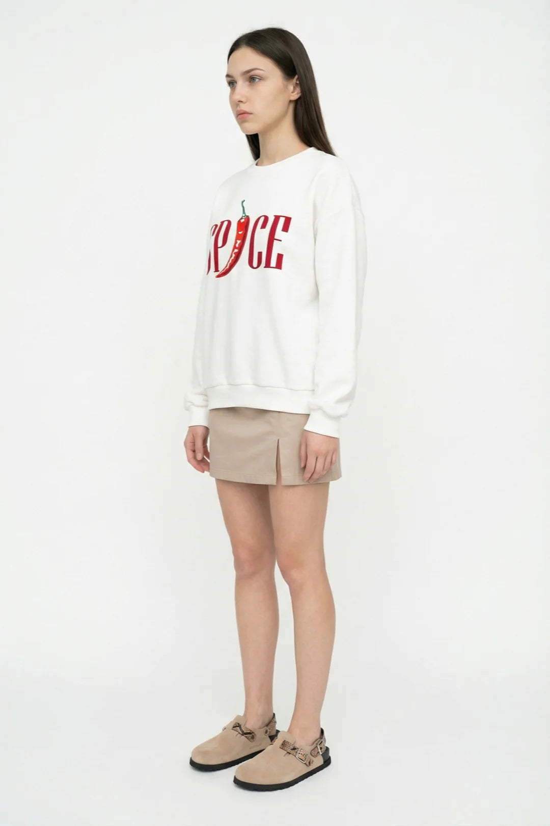 Kadın Biber Baskılı Oversize Sweatshirt Ekru