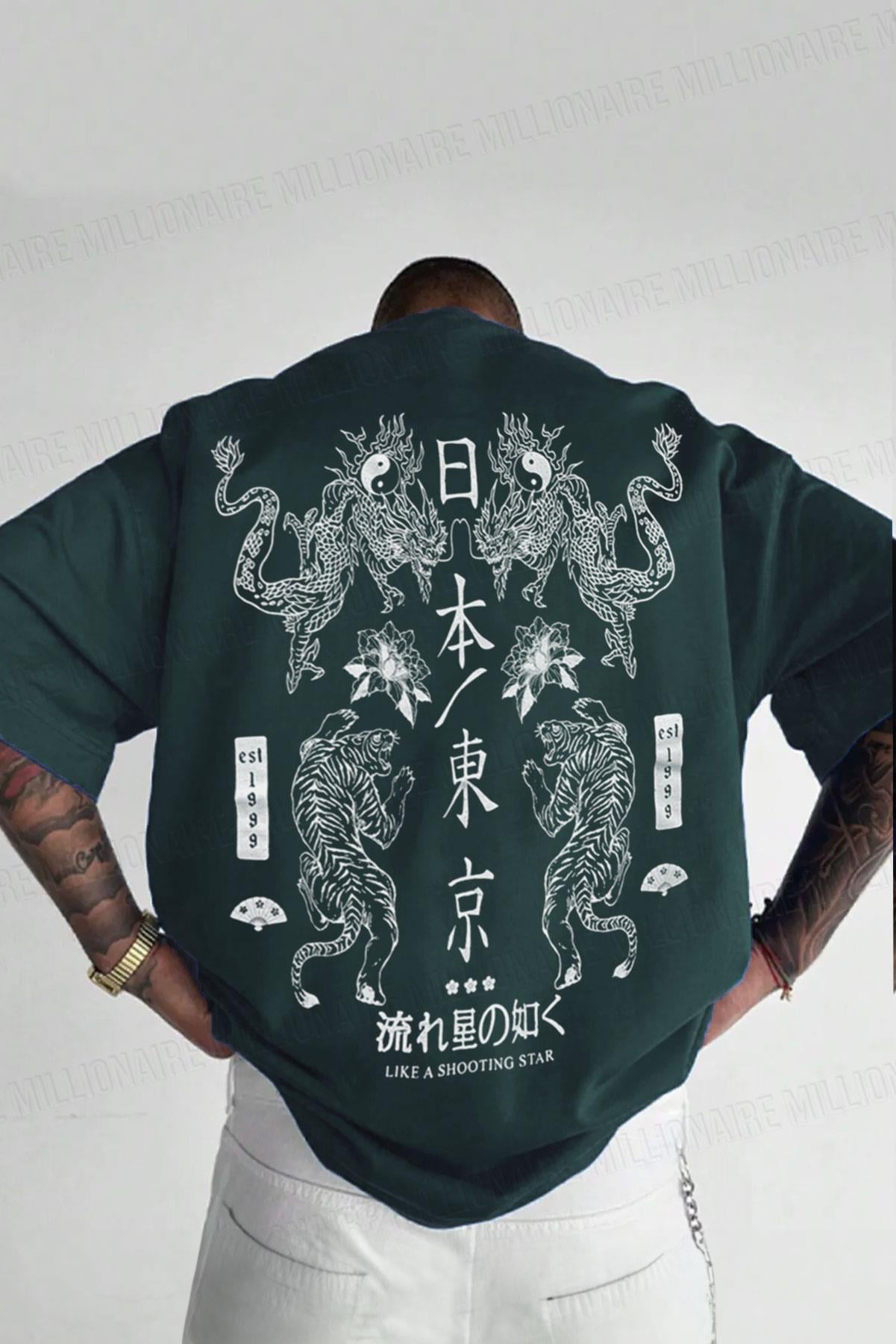 Erkek Dragon Baskılı Petrol Yeşili Bisiklet Yaka Oversize Salaş T-Shirt