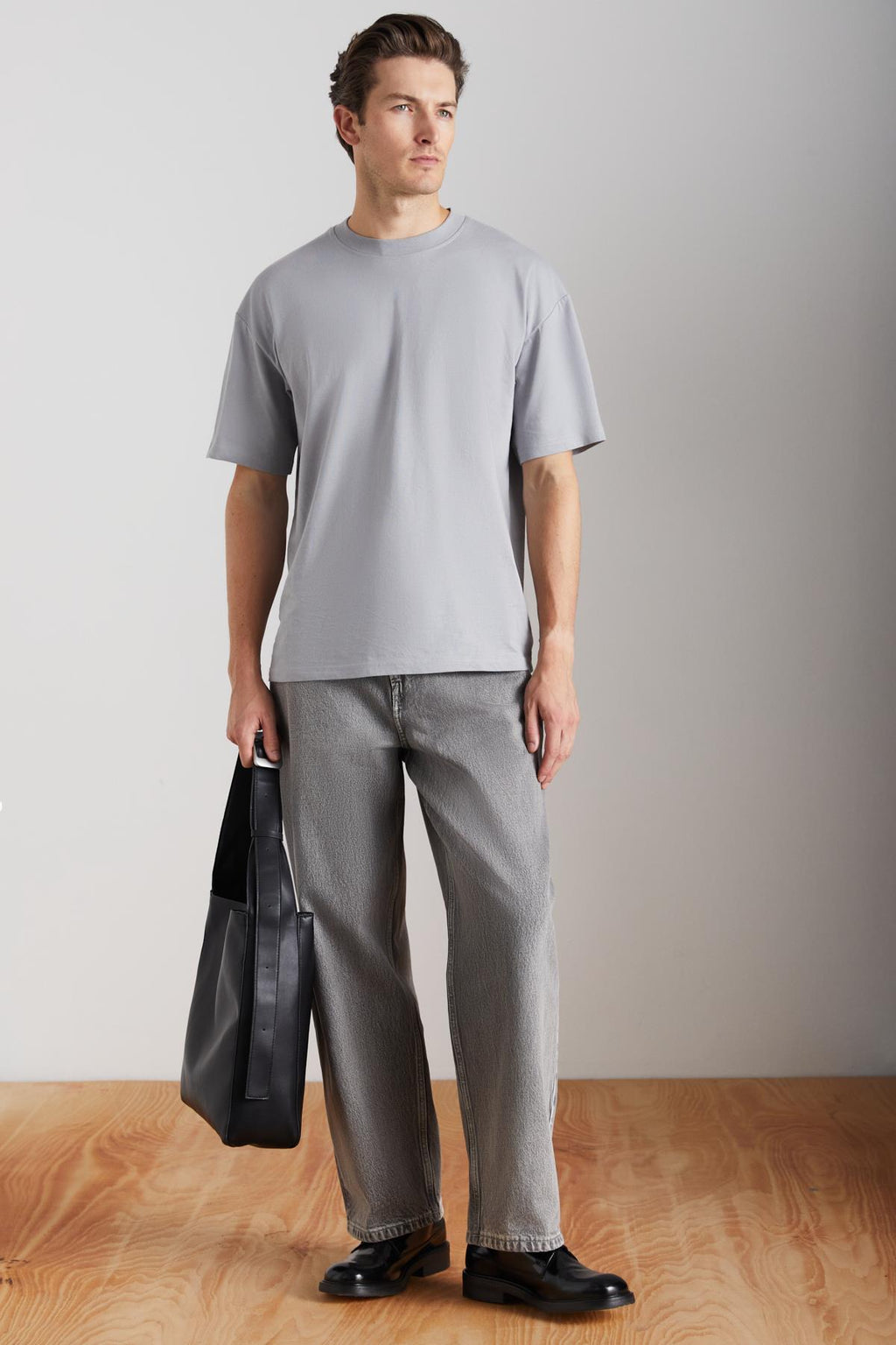 Erkek Oversize %100 Organik Pamuklu Kalın Dokulu Bisiklet Yaka Gri T-Shirt