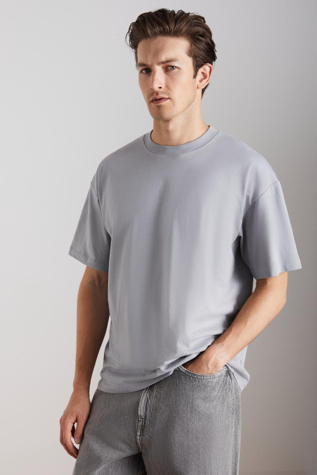 Erkek Oversize %100 Organik Pamuklu Kalın Dokulu Bisiklet Yaka Gri T-Shirt