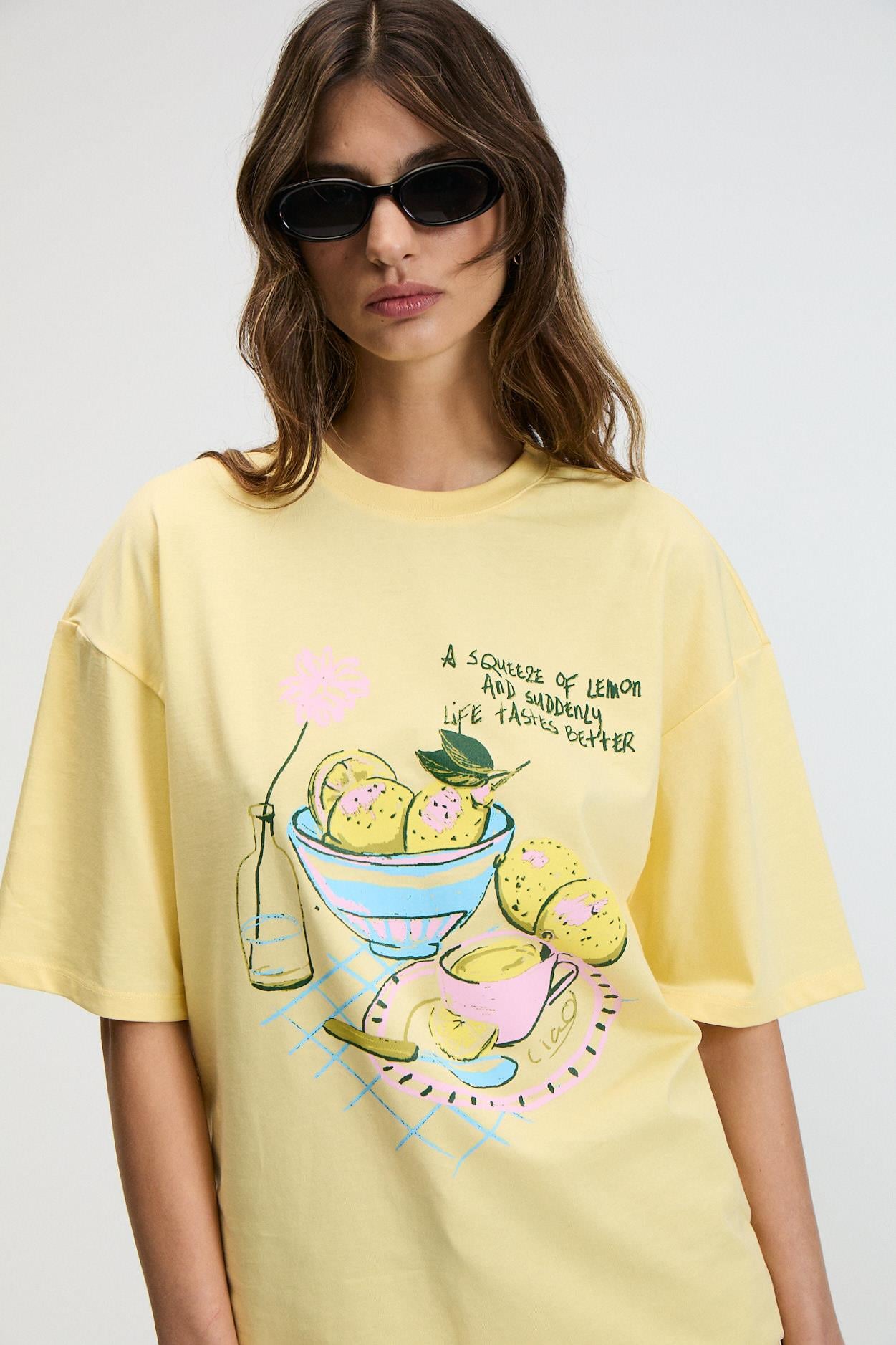 Kadın %100 Pamuk Oversize Baskılı Bisiklet Yaka Sarı T-Shirt