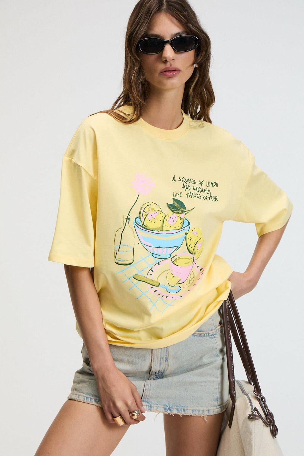 Kadın %100 Pamuk Oversize Baskılı Bisiklet Yaka Sarı T-Shirt