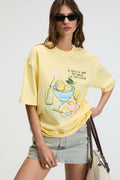 Kadın %100 Pamuk Oversize Baskılı Bisiklet Yaka Sarı T-Shirt