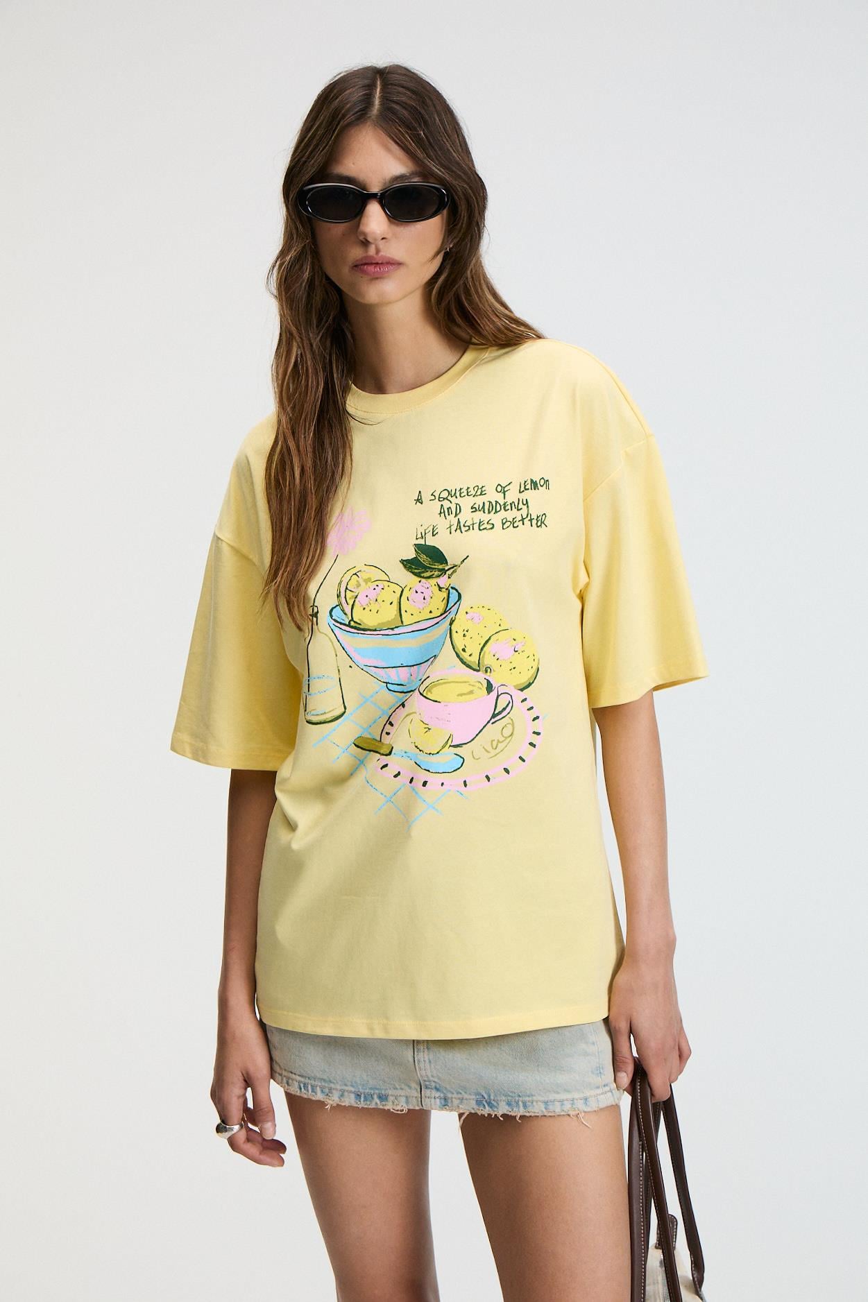 Kadın %100 Pamuk Oversize Baskılı Bisiklet Yaka Sarı T-Shirt