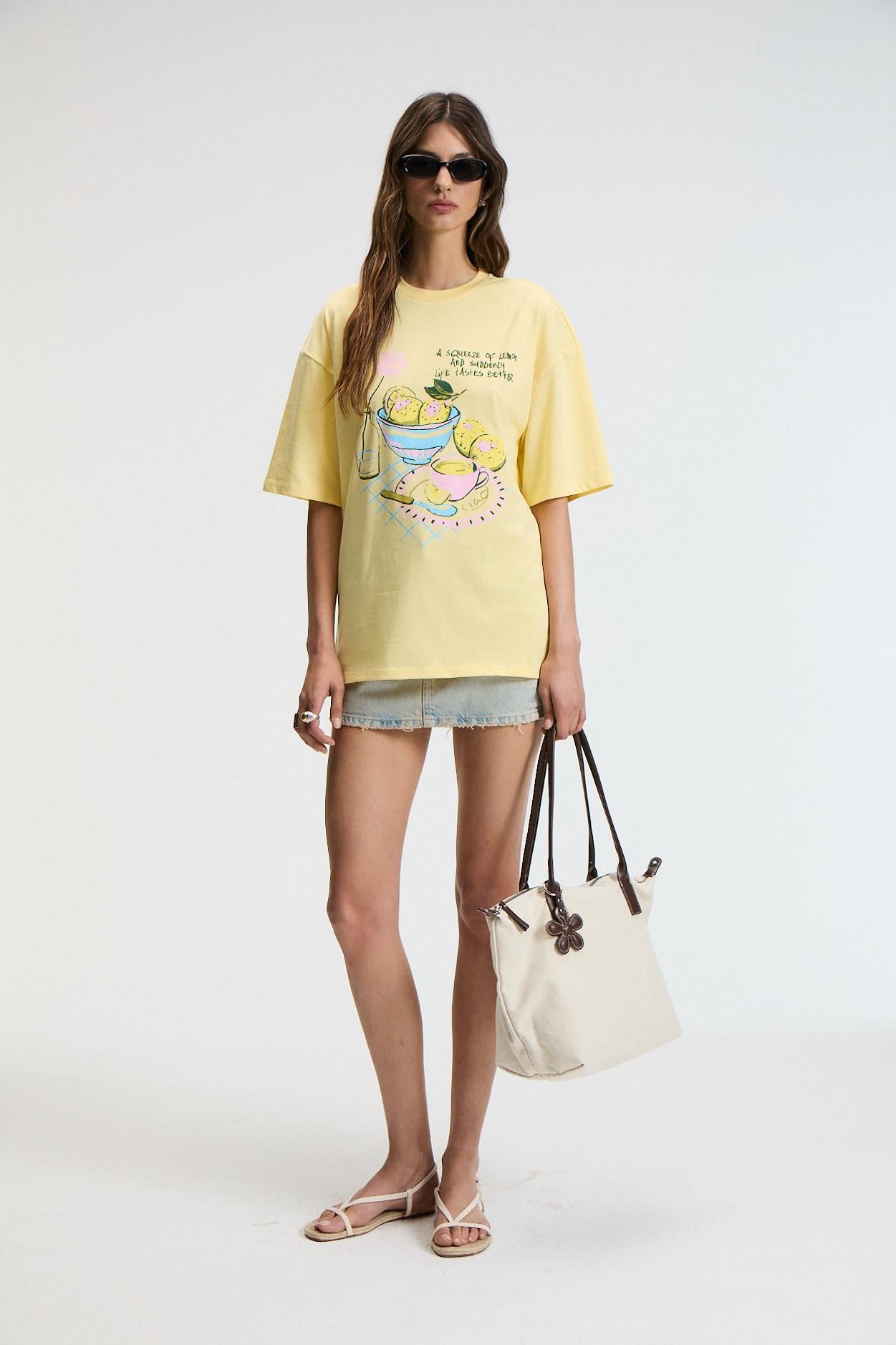 Kadın %100 Pamuk Oversize Baskılı Bisiklet Yaka Sarı T-Shirt