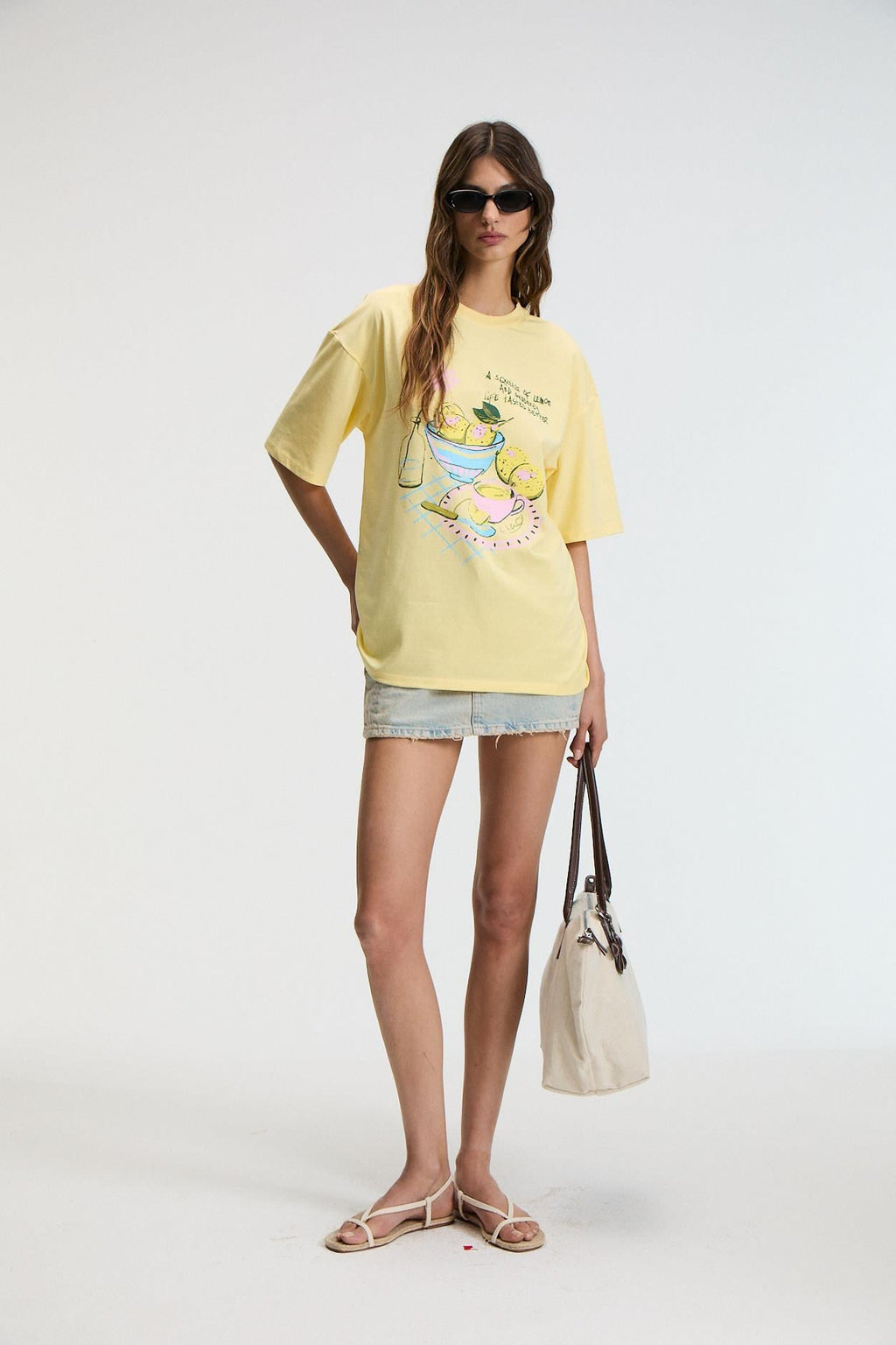 Kadın %100 Pamuk Oversize Baskılı Bisiklet Yaka Sarı T-Shirt