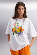 Kadın %100 Pamuk Oversize Baskılı Bisiklet Yaka Beyaz T-Shirt