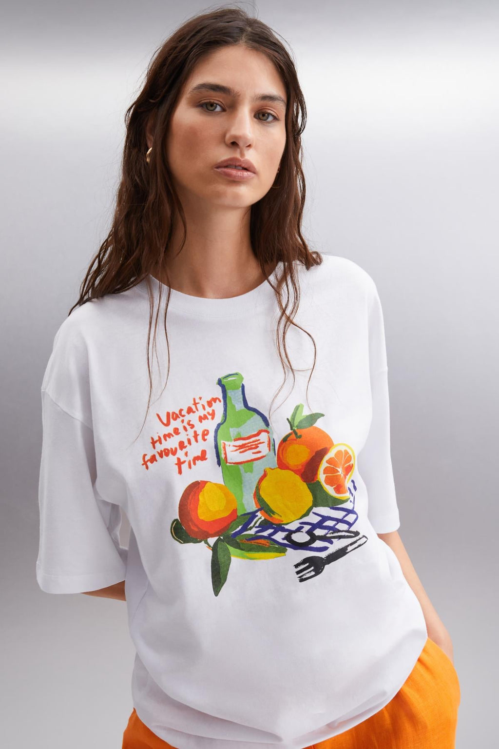 Kadın %100 Pamuk Oversize Baskılı Bisiklet Yaka Beyaz T-Shirt