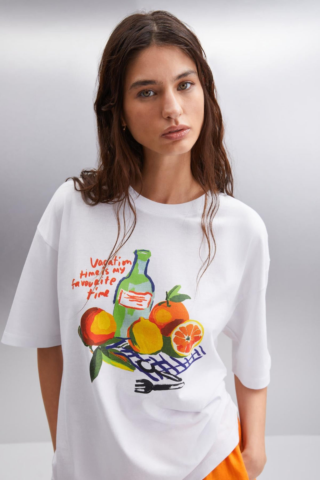 Kadın %100 Pamuk Oversize Baskılı Bisiklet Yaka Beyaz T-Shirt
