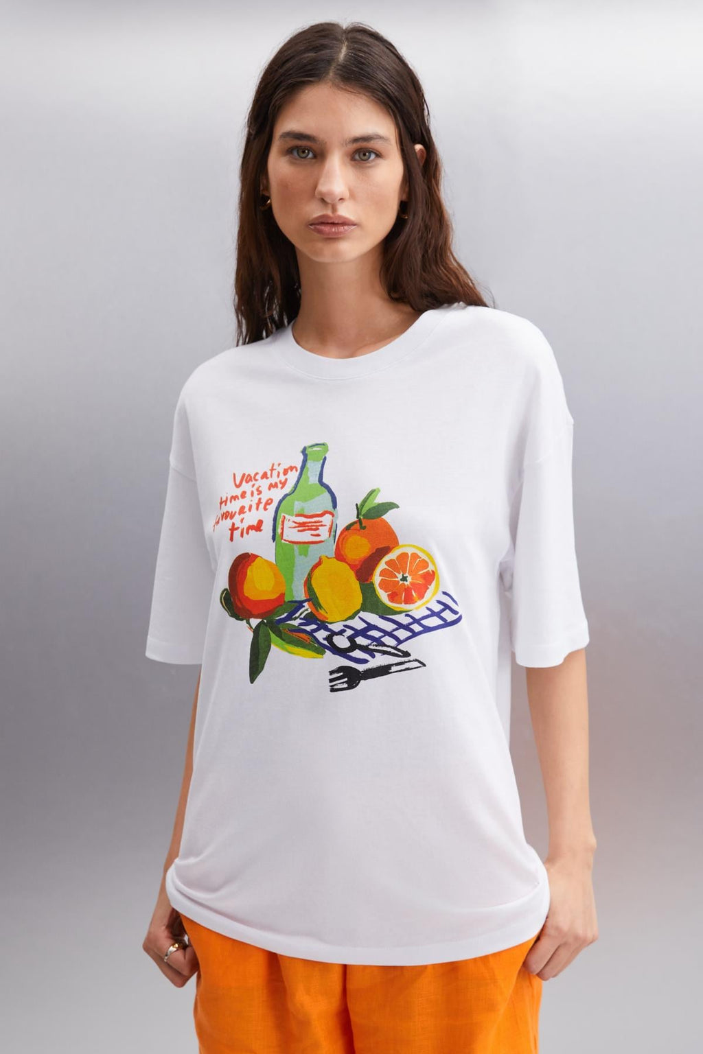 Kadın %100 Pamuk Oversize Baskılı Bisiklet Yaka Beyaz T-Shirt
