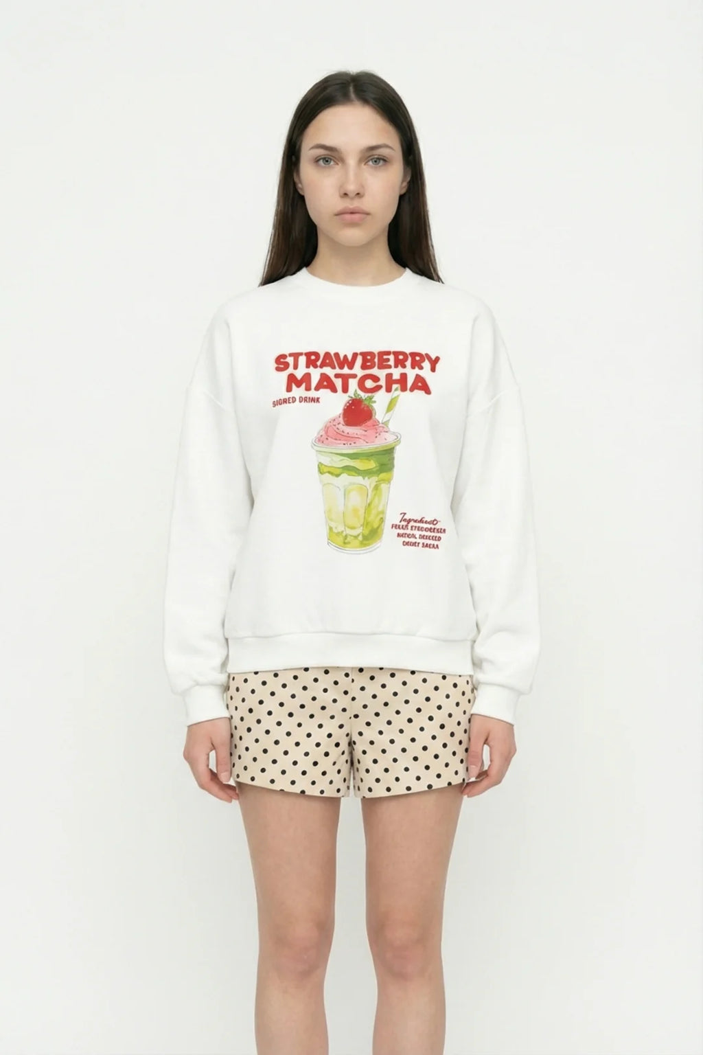 Kadın Matcha Baskılı Oversize Sweatshirt Ekru
