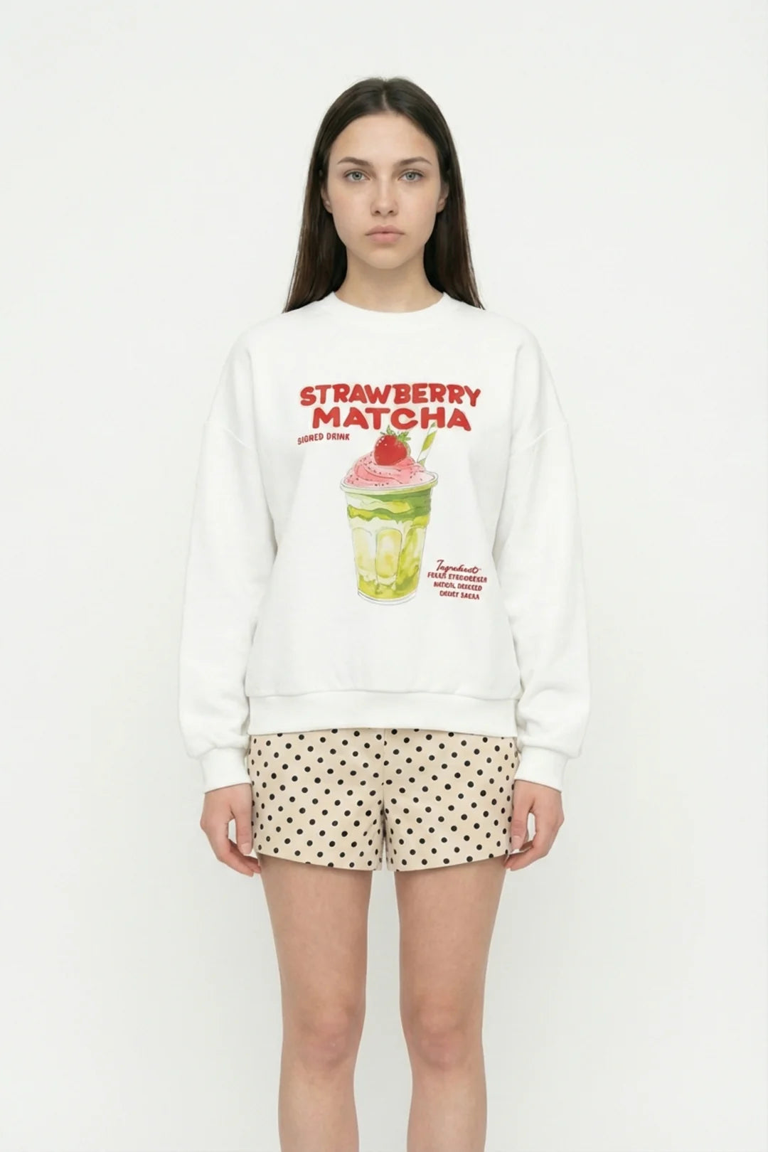 Kadın Matcha Baskılı Oversize Sweatshirt Ekru