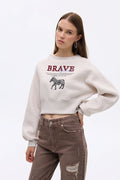 Zebra Nakışlı Sırtı Fermuarlı Kadın Sweatshirt Bej