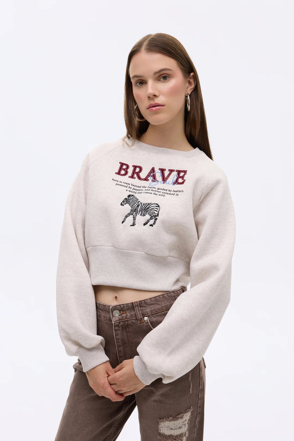 Zebra Nakışlı Sırtı Fermuarlı Kadın Sweatshirt Bej
