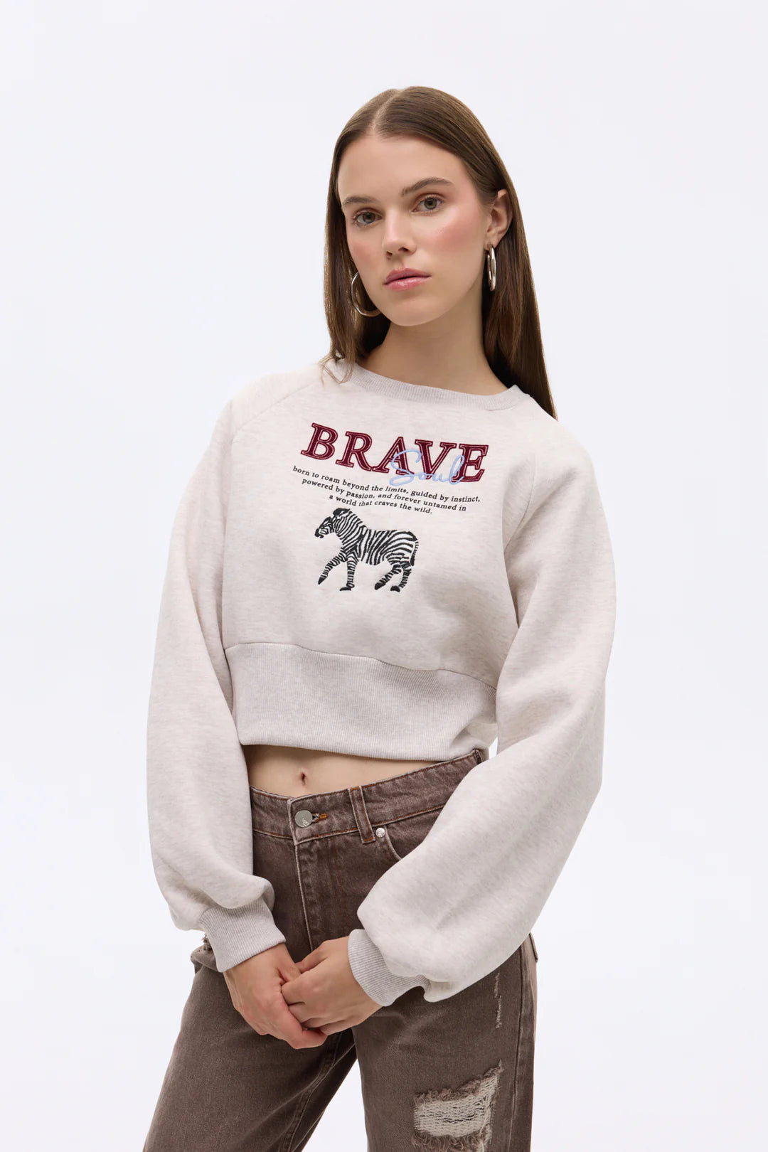 Zebra Nakışlı Sırtı Fermuarlı Kadın Sweatshirt Bej
