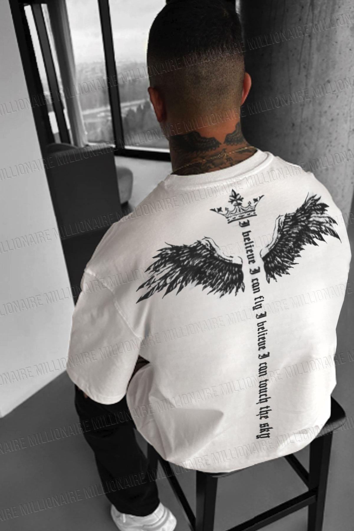 Erkek Beyaz I Can Fly Oversize Fit Bol Geniş Kalıp Salaş Kesim T-shirt