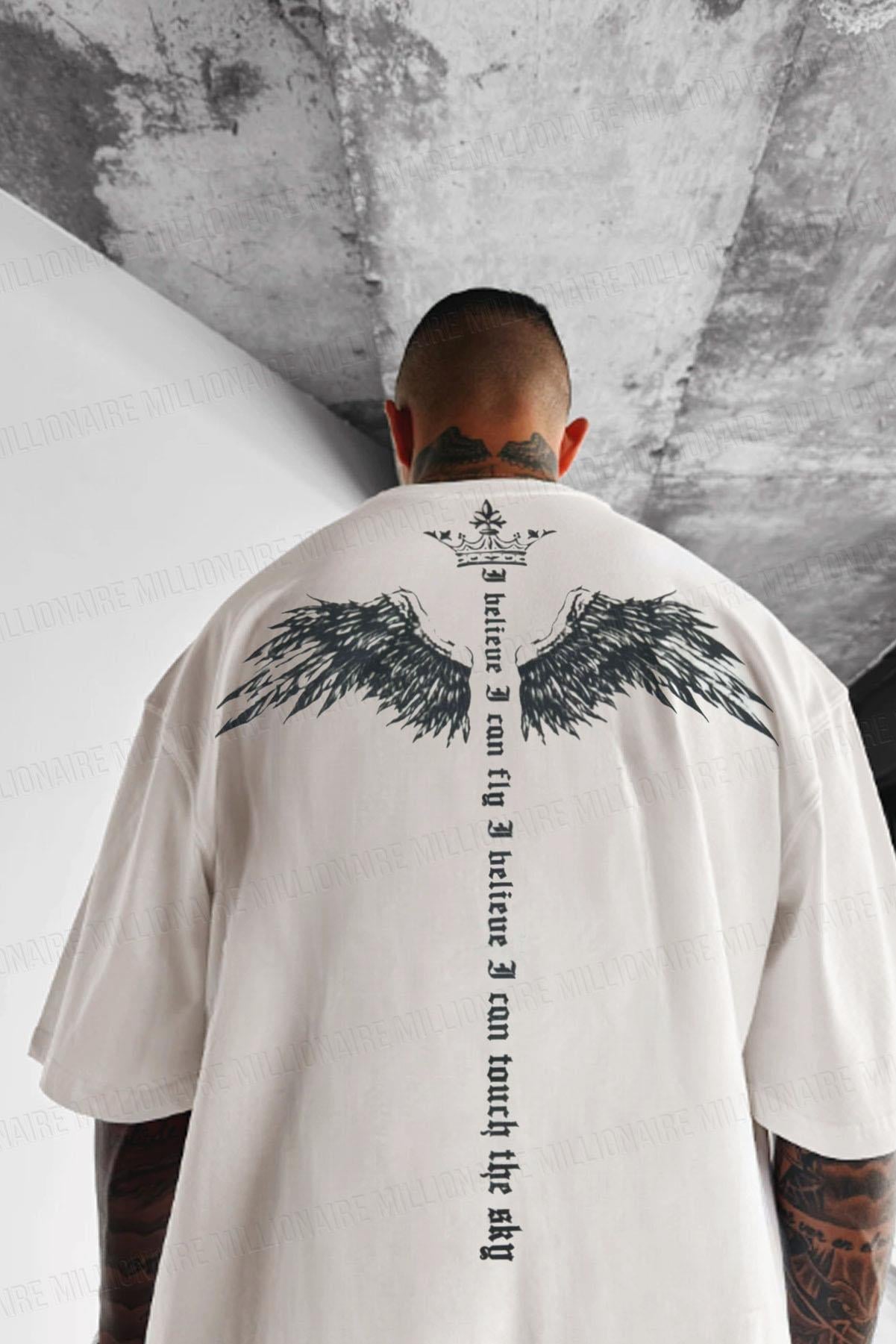 Erkek Beyaz I Can Fly Oversize Fit Bol Geniş Kalıp Salaş Kesim T-shirt
