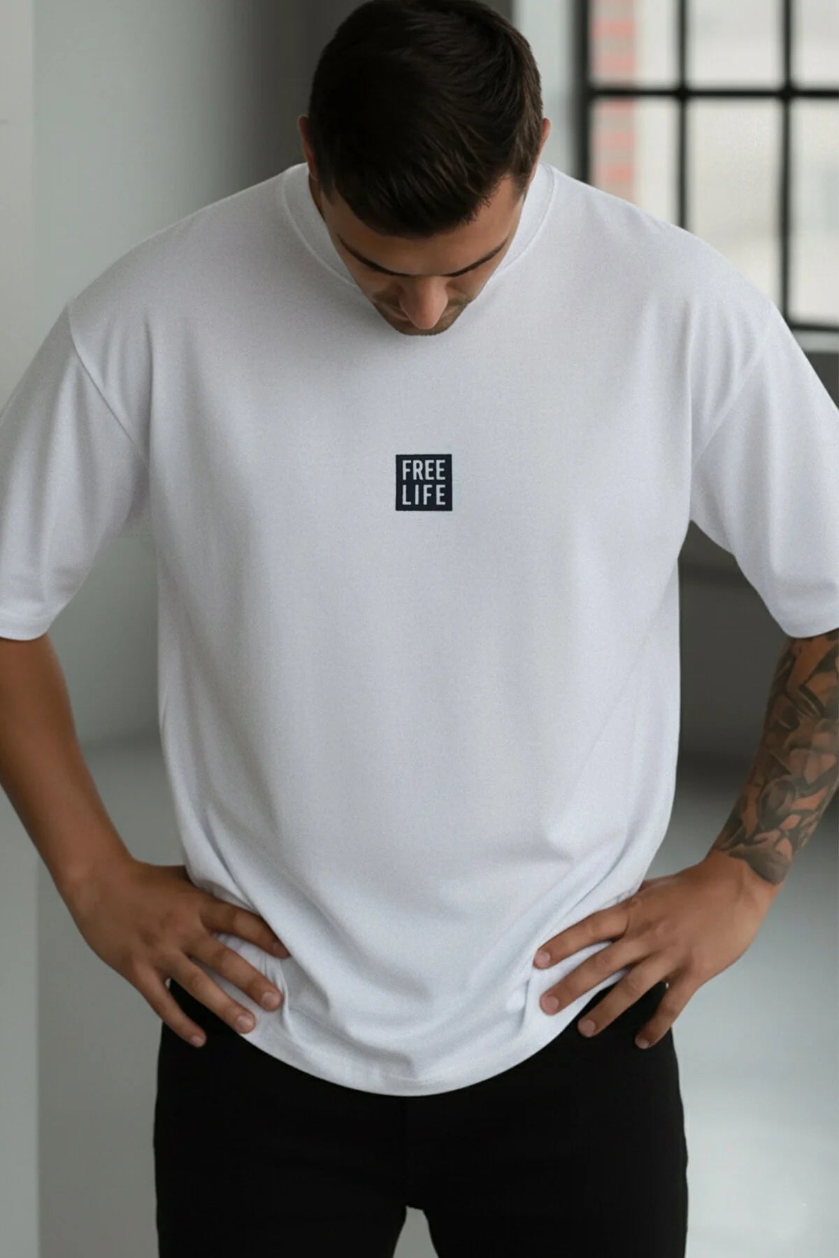 Erkek Free Life Beyaz Bisiklet Yaka Oversize Salas T-Shirt
