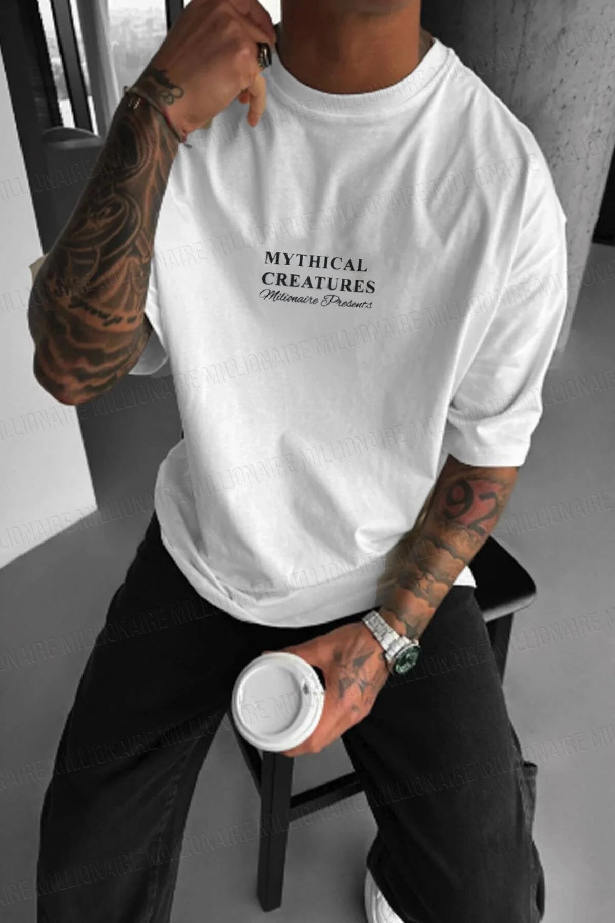 Erkek Mythical Pegasus Baskılı Beyaz Bisiklet Yaka Oversize Salaş T-Shirt