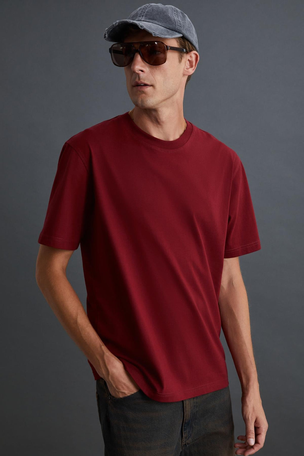 Erkek %100 Organik Pamuklu Kalın Dokulu Comfort Fit Bisiklet Yakalı Bordo T-Shirt