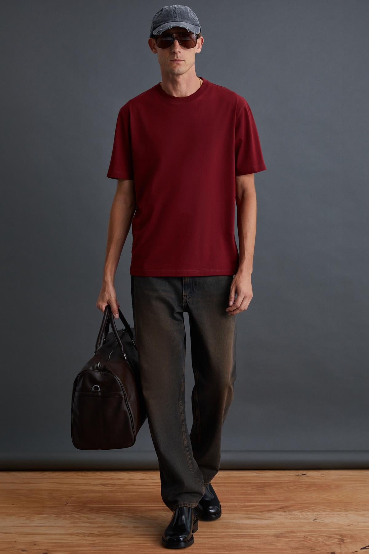 Erkek %100 Organik Pamuklu Kalın Dokulu Comfort Fit Bisiklet Yakalı Bordo T-Shirt