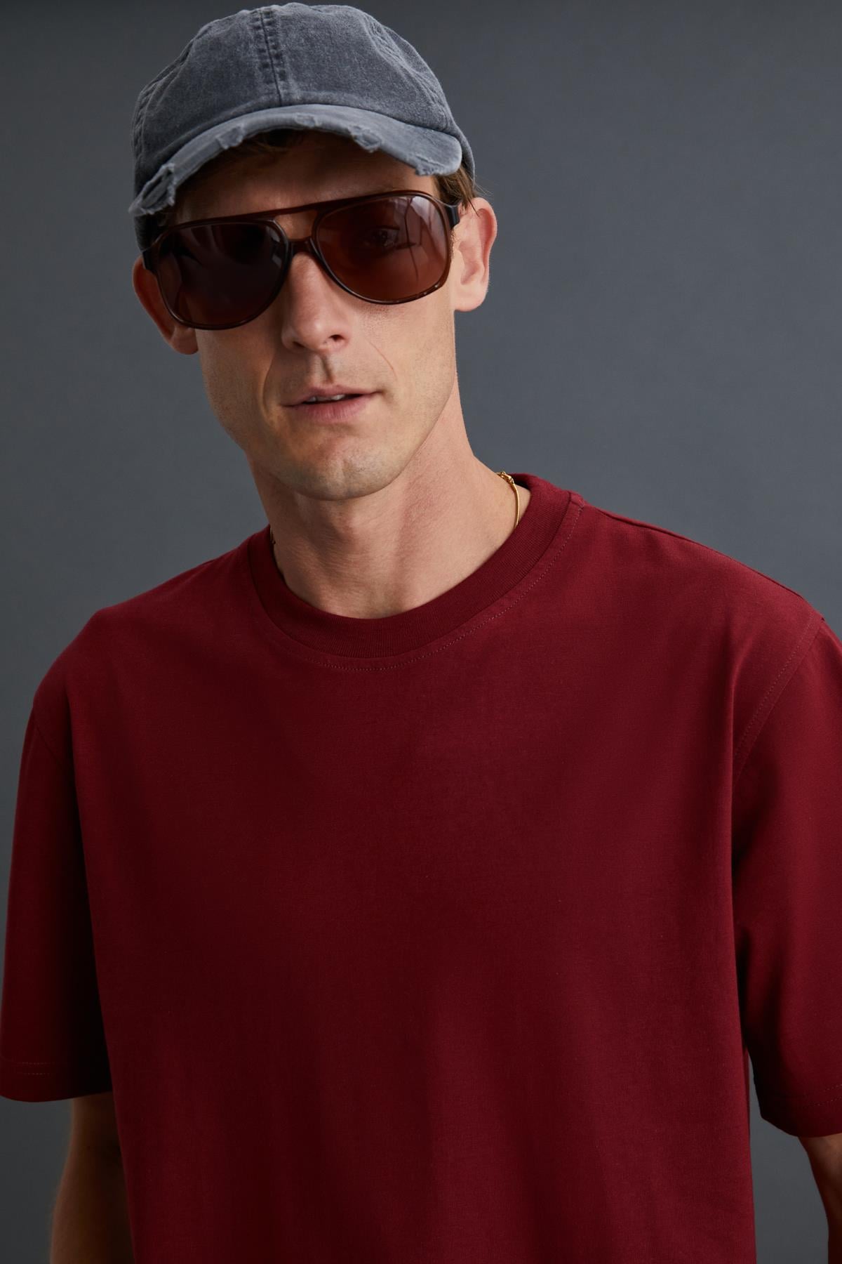 Erkek %100 Organik Pamuklu Kalın Dokulu Comfort Fit Bisiklet Yakalı Bordo T-Shirt