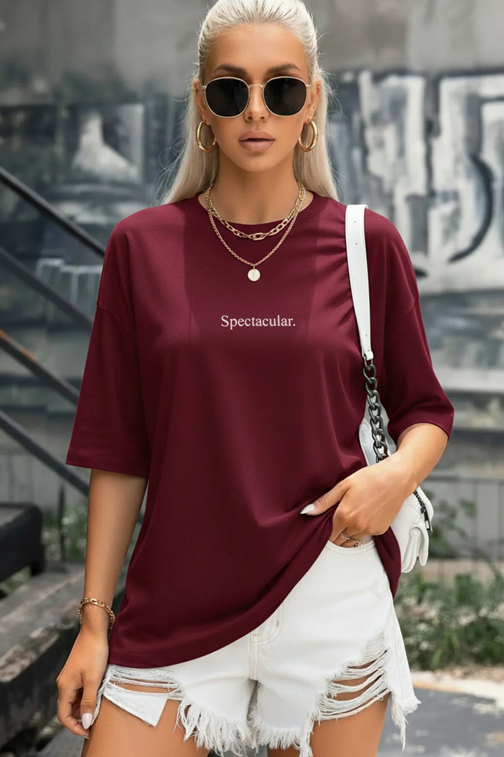 Spectacular Bordo Oversize Salas Boyfriend Kadın T-Shirt