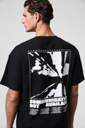 Erkek Göğsü Ve Sırtı Baskılı %100 Organik Pamuk Oversize Fit Bisiklet Yaka Siyah T-Shirt