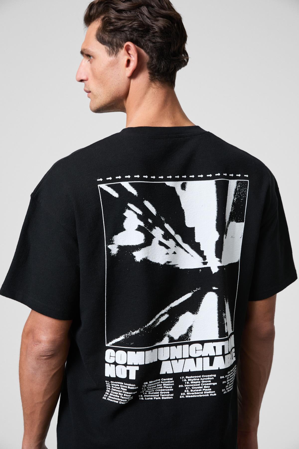Erkek Göğsü Ve Sırtı Baskılı %100 Organik Pamuk Oversize Fit Bisiklet Yaka Siyah T-Shirt
