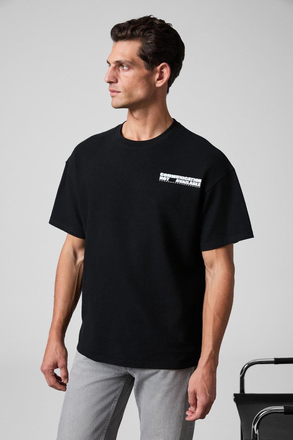 Erkek Göğsü Ve Sırtı Baskılı %100 Organik Pamuk Oversize Fit Bisiklet Yaka Siyah T-Shirt