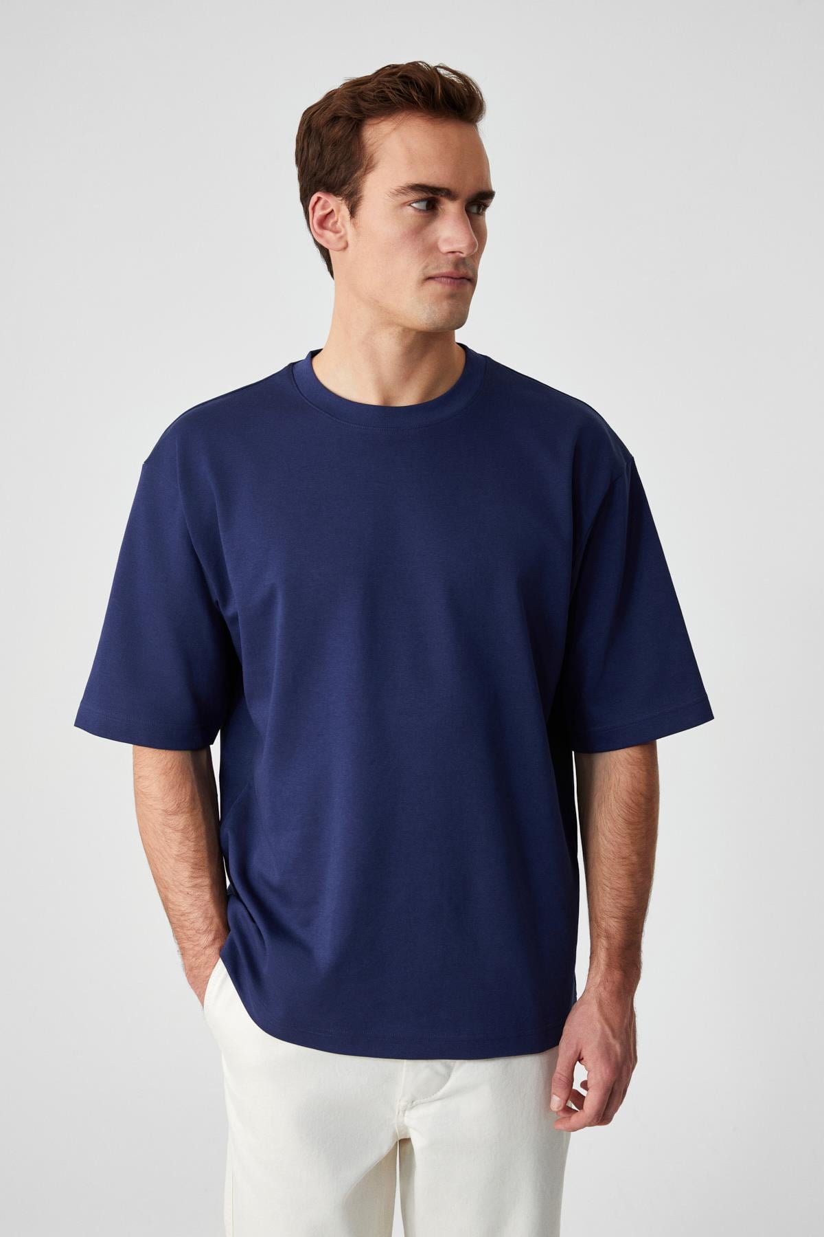 Erkek Oversize Fit Bisiklet Yaka Kısa Kollu %100 Organik Pamuk Lacivert T-Shirt