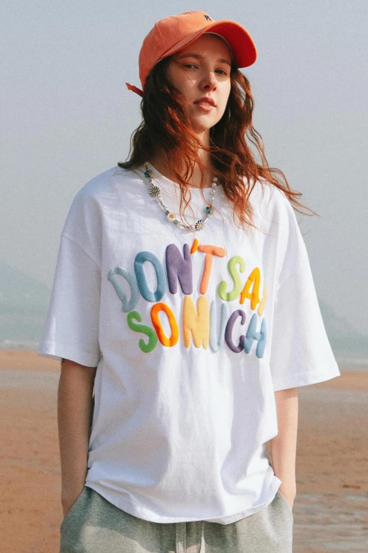 Kabaran Baskı Dont Say Beyaz Oversize Salas Boyfriend Kadın T-Shirt