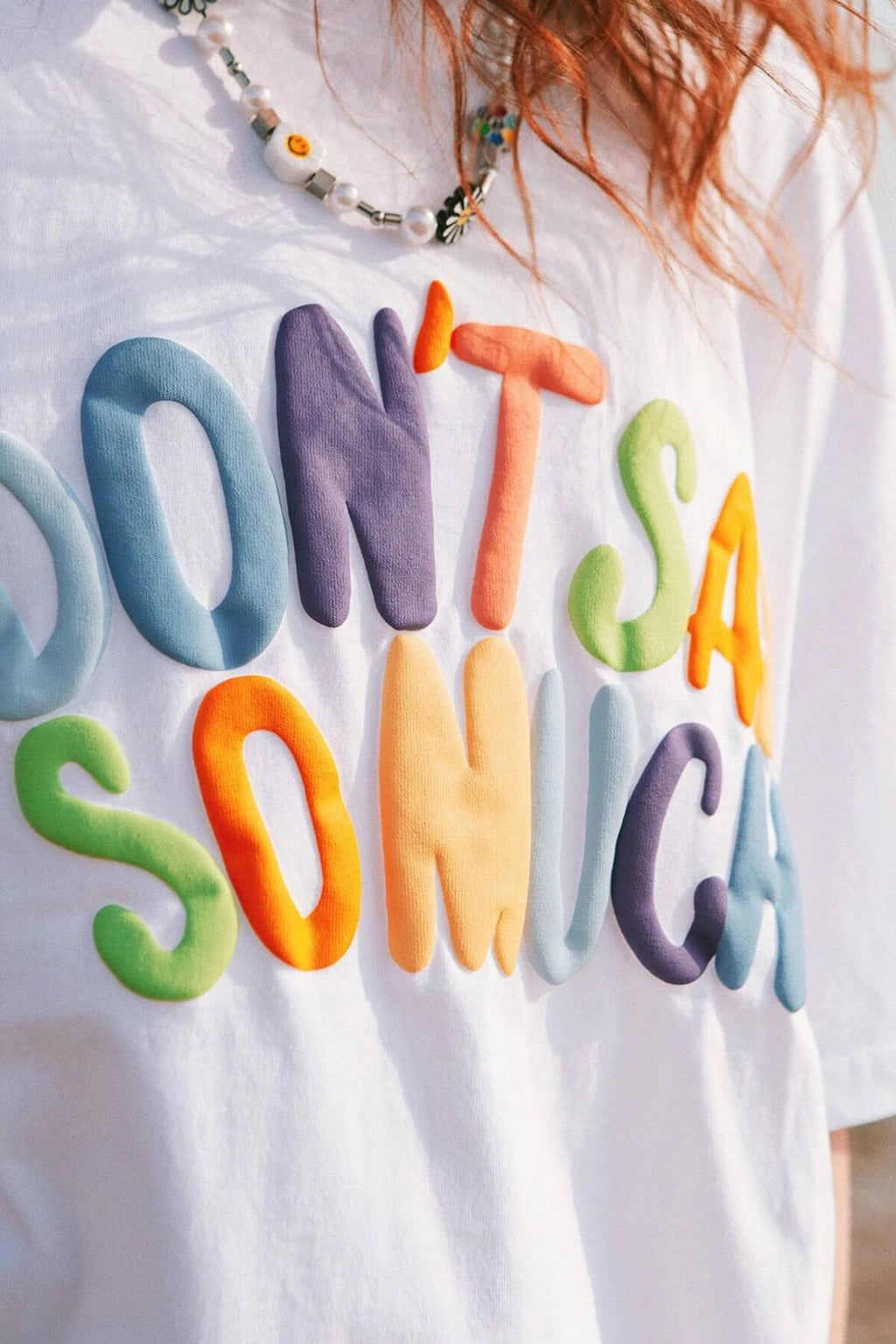 Kabaran Baskı Dont Say Beyaz Oversize Salas Boyfriend Kadın T-Shirt