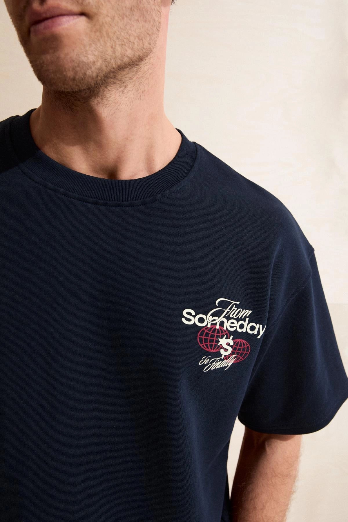 Erkek Bisiklet Yaka Organik Pamuklu Baskılı Oversıze Lacivert T-Shirt