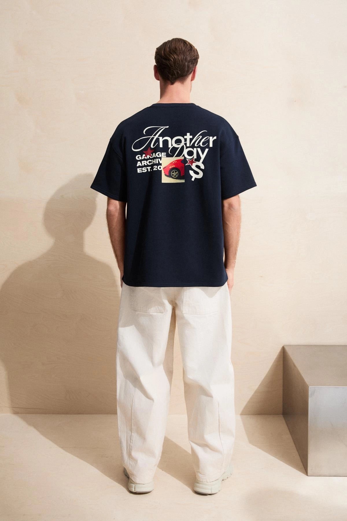 Erkek Bisiklet Yaka Organik Pamuklu Baskılı Oversıze Lacivert T-Shirt